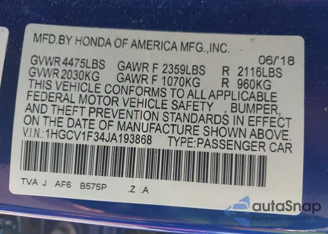 2018 Honda Accord Sport из США, поврежденный, VIN 1HGCV1F34JA193868